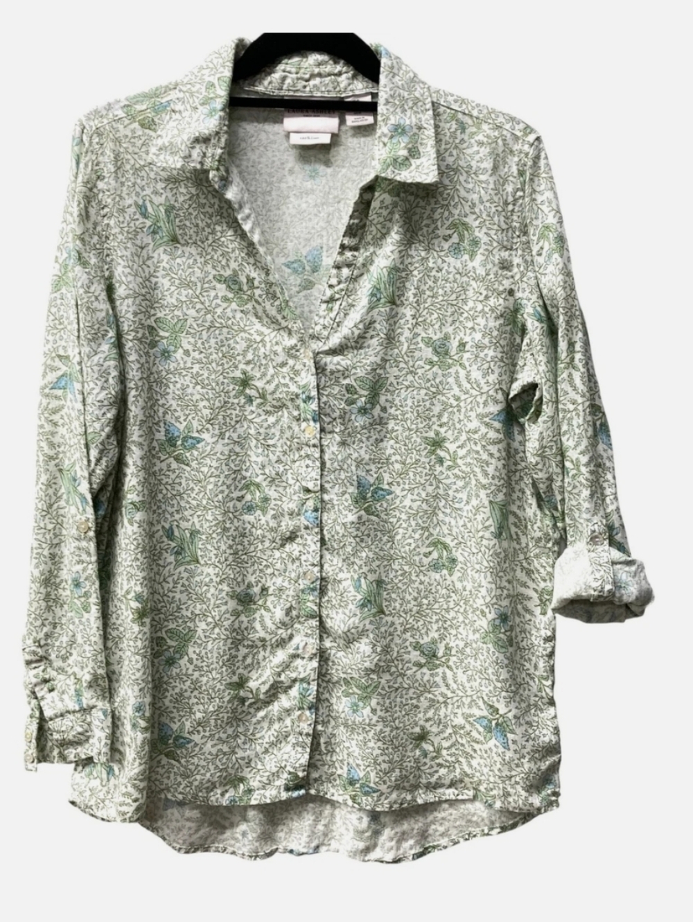 Laura Ashley Green and White Floral Linen Button Down Top Size Large